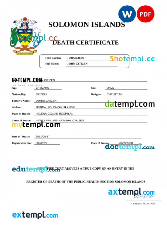 Solomon Islands vital record death certificate Word and PDF template