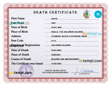 Solomon vital record death certificate PSD template, fully editable