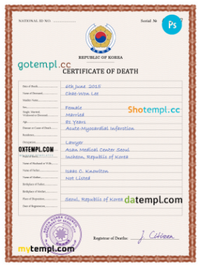 South Korea vital record death certificate PSD template