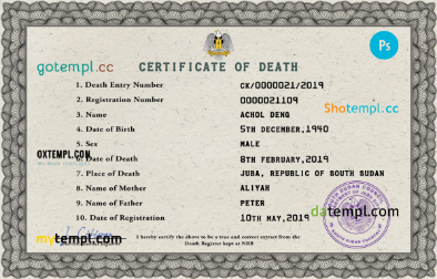 South Sudan death certificate PSD template, completely editable