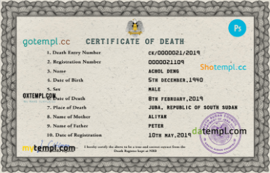 South Sudan death certificate PSD template, completely editable