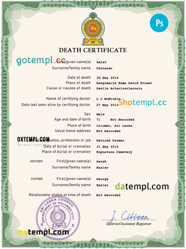 Sri Lanka vital record death certificate PSD template