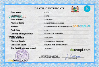 Suriname vital record death certificate PSD template, completely editable