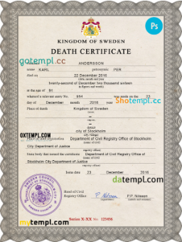 Sweden vital record death certificate PSD template, fully editable