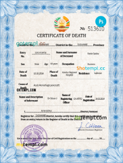 Tajikistan vital record death certificate PSD template, completely editable