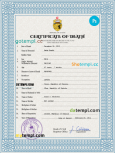 Tunisia vital record death certificate PSD template, fully editable