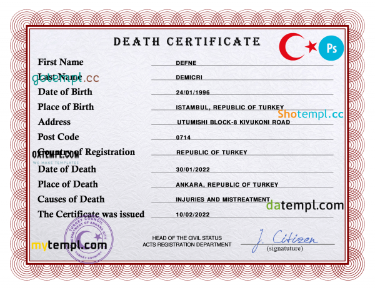 Turkey death certificate PSD template, completely editable