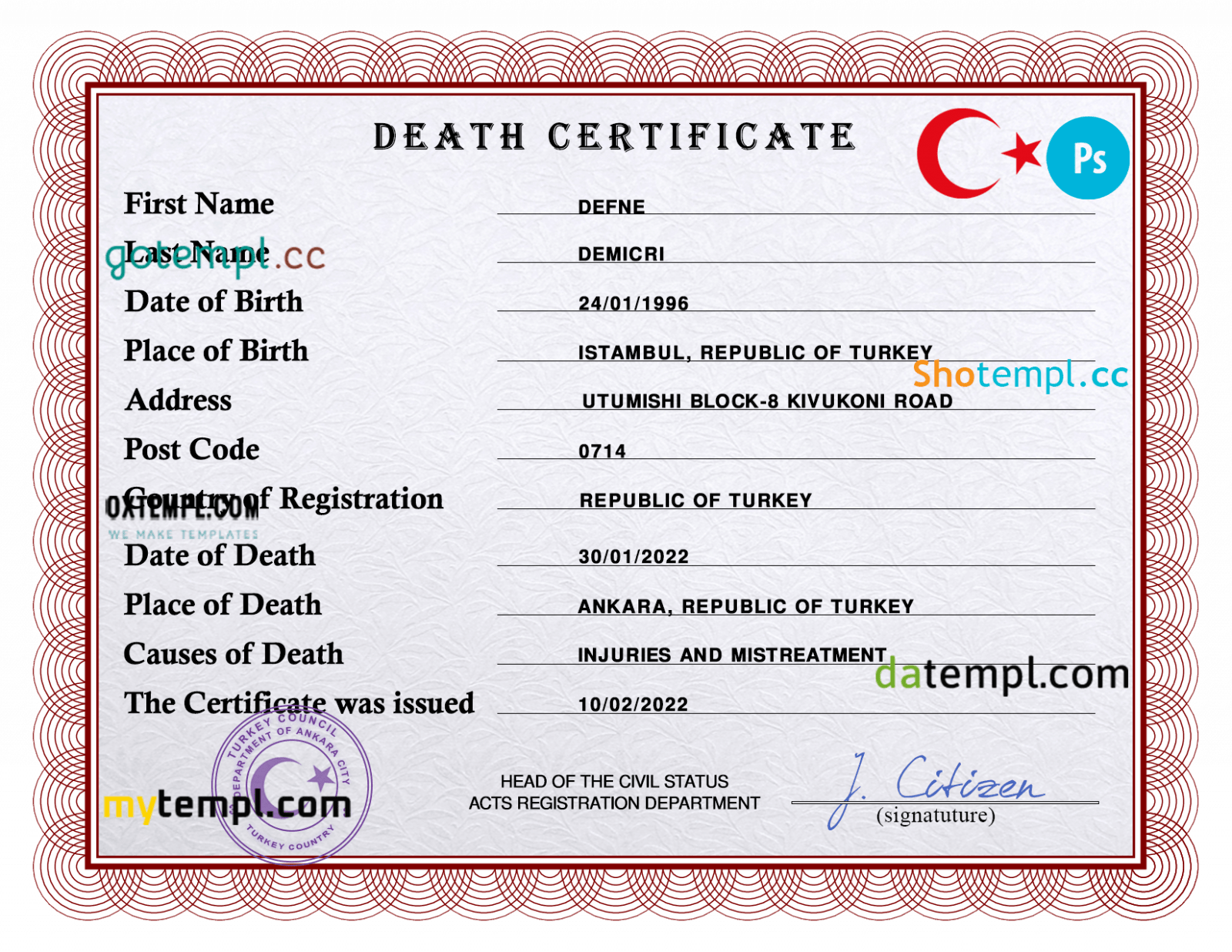 Turkey death certificate PSD template, completely editable