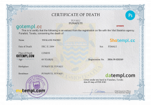 Tuvalu vital record death certificate PSD template, completely editable