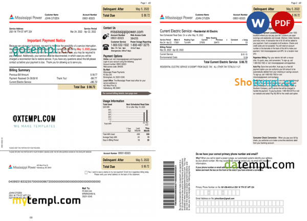 USA Mississippi Power utility bill, Word and PDF template, 2 pages