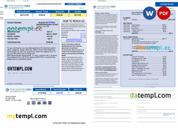 USA Time Warner Cabel utility bill, Word and PDF template, 3 pages