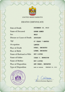 UAE vital record death certificate PSD template, completely editable