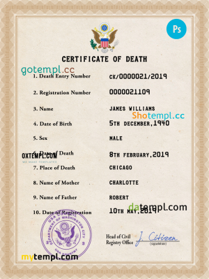 USA vital record death certificate PSD template
