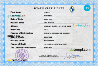 Uruguay vital record death certificate PSD template, fully editable