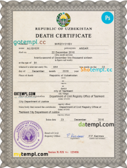 Uzbekistan death certificate PSD template, completely editable
