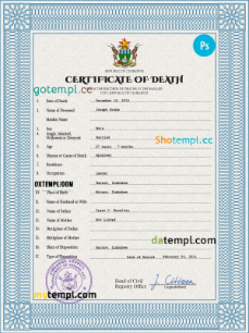 Zimbabwe death certificate PSD template, completely editable