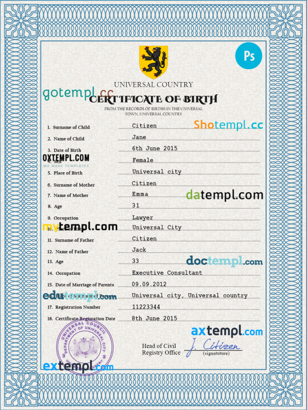alpha awards universal birth certificate PSD template, completely editable