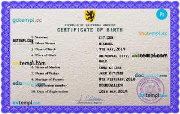 bold universal birth certificate PSD template, completely editable