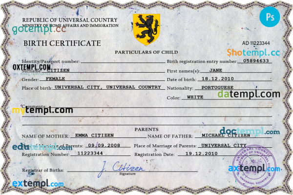 champion vibe universal birth certificate PSD template, fully editable
