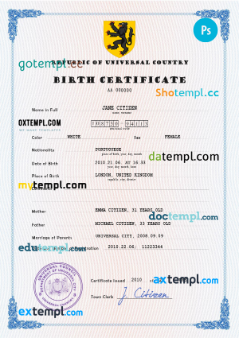 core tide universal birth certificate PSD template, fully editable