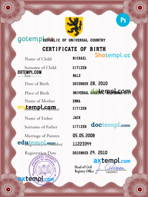 disclosure universal birth certificate PSD template, fully editable