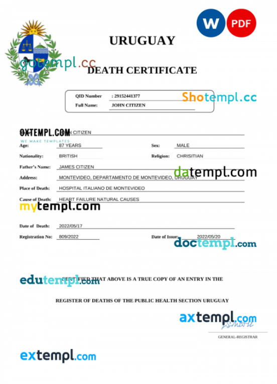 Uruguay death certificate Word and PDF template, completely editable