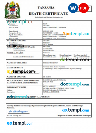 Tanzania vital record death certificate Word and PDF template