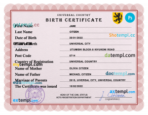 inspire birth universal certificate PSD template, completely editable