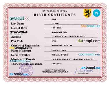 inspire birth universal certificate PSD template, completely editable