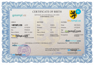 made universal birth certificate PSD template, completely editable
