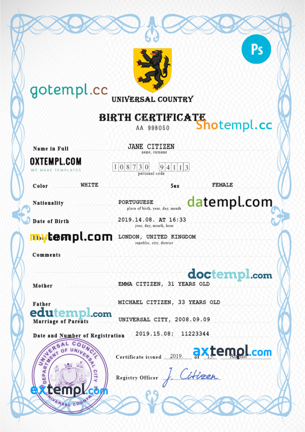 major universal birth certificate PSD template, fully editable