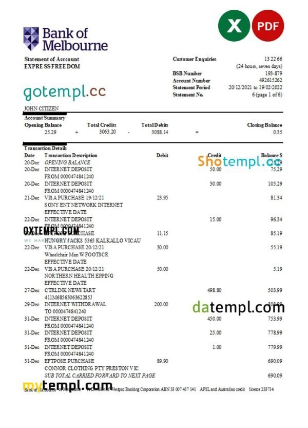 Australia Bank of Melbourne bank statement easy to fill template in Excel and PDF format