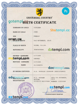 prosper universal birth certificate PSD template, fully editable