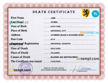 rave vital record death certificate universal PSD template