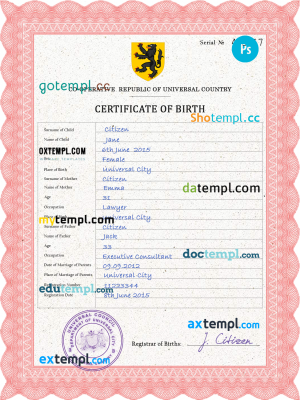 scribe universal birth certificate PSD template, fully editable