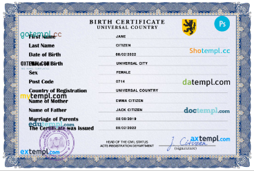 stance universal birth certificate PSD template, completely editable