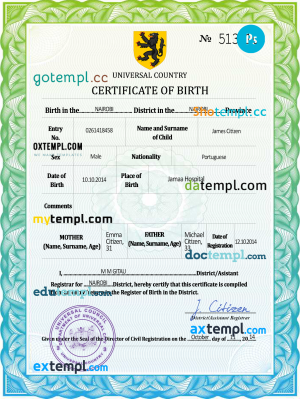 united assembly universal birth certificate PSD template, completely editable