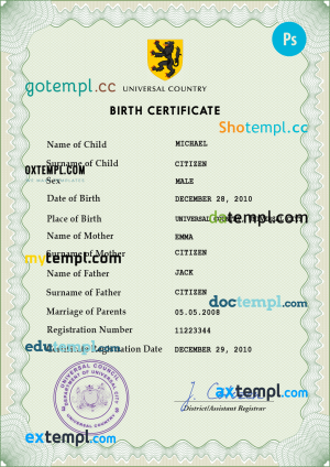 wisdom universal birth certificate PSD template, fully editable