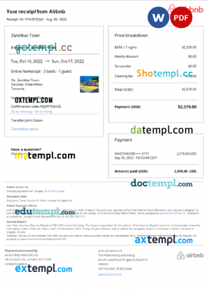 Taiwan hotel booking confirmation Word and PDF template, 2 pages