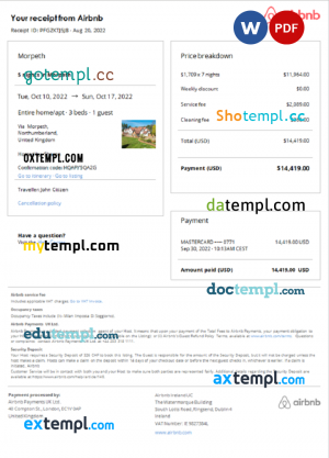 United Kingdom hotel booking confirmation Word and PDF template, 2 pages