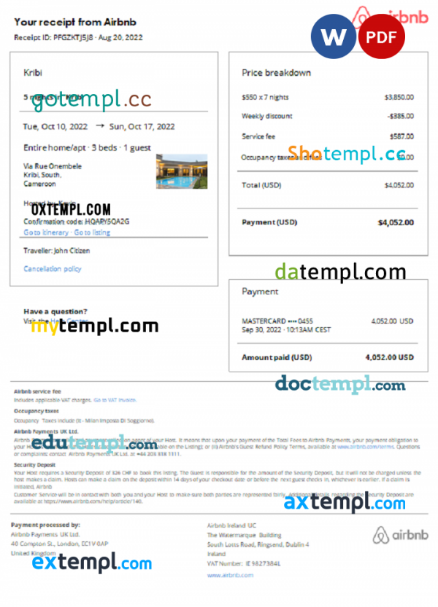 Cameroon Airbnb booking confirmation Word and PDF template