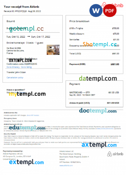 France Airbnb booking confirmation Word and PDF template