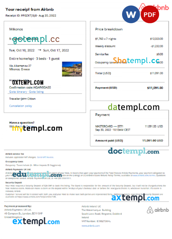 Greece Airbnb booking confirmation Word and PDF template