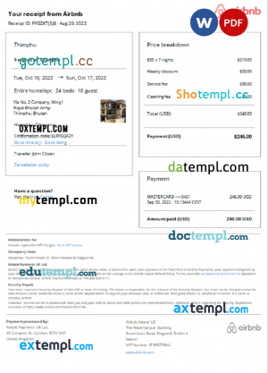 Brazil hotel booking confirmation Word and PDF template, 2 pages