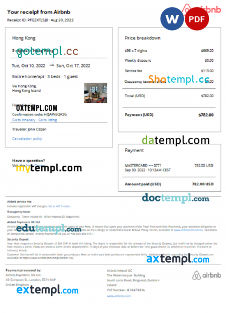 Hong Kong Airbnb booking confirmation Word and PDF template