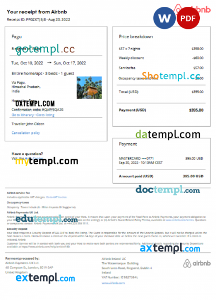 India Airbnb booking confirmation Word and PDF template