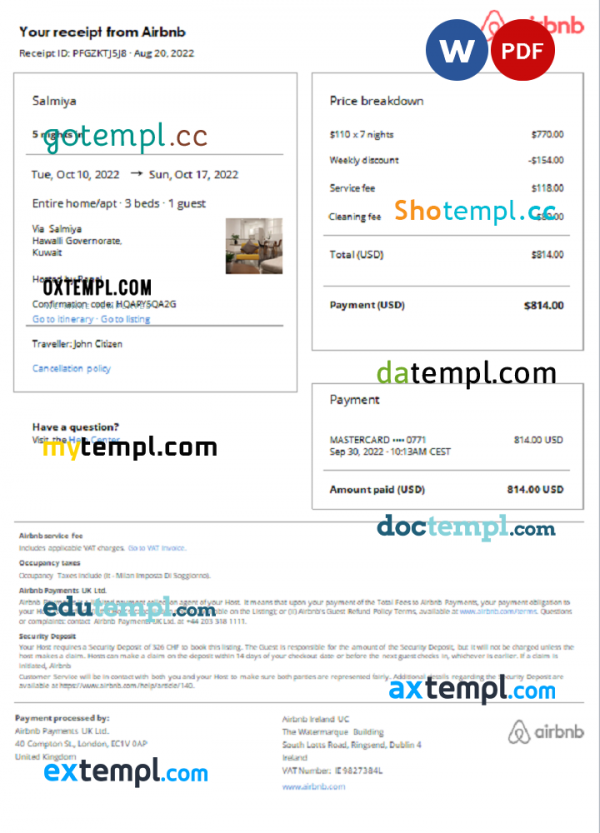 Kuwait Airbnb booking confirmation Word and PDF template