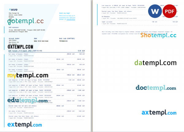 Belgium Wise bank statement Word and PDF template, 2 pages