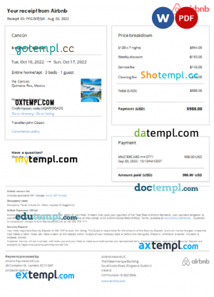 Mexico Airbnb booking confirmation Word and PDF template