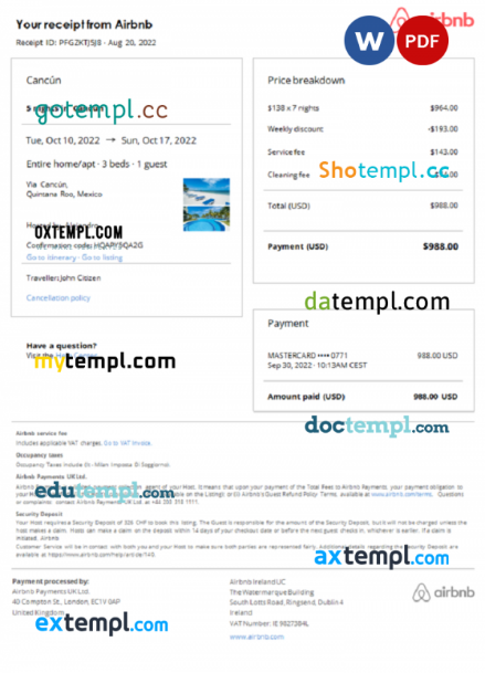 Mexico Airbnb booking confirmation Word and PDF template